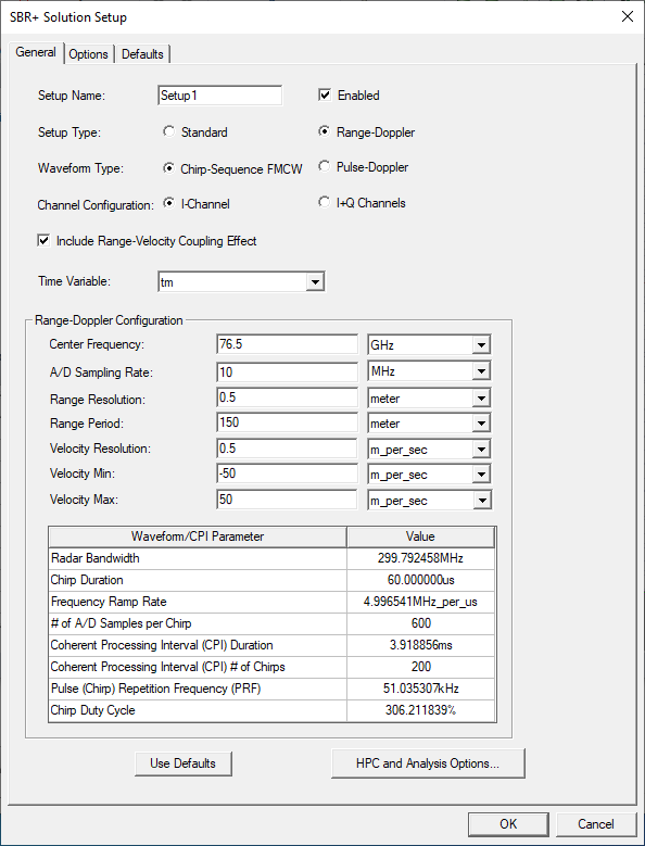 SBR+ Solutions Setup window. General tab. Waveform type set to Chirp Sequnce FMCW. Range-Doppler Configuration groupbox