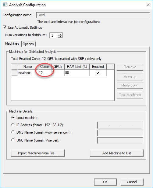 Analysis COnfiguration dialog, local host set to 12.