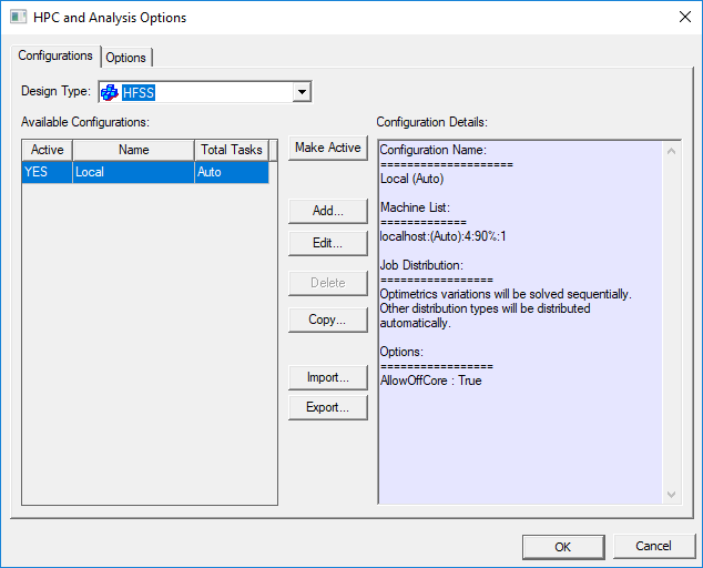HPC and Analysis Options Window