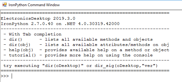 Opening view of the Iron Python Command Window