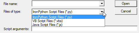 The dialog box that opens from the Tools, Run Script menu allows the user to select the type of script to run