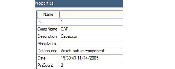 The Properties window with the Component name and ID displayed