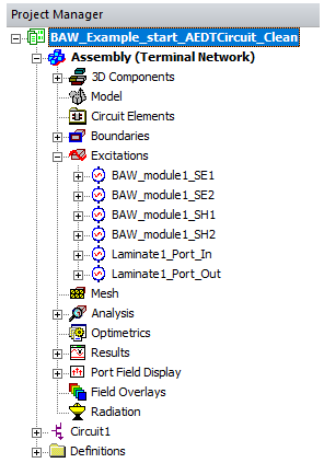 The Excitations folder of the Project Manager is expanded to show the available ports