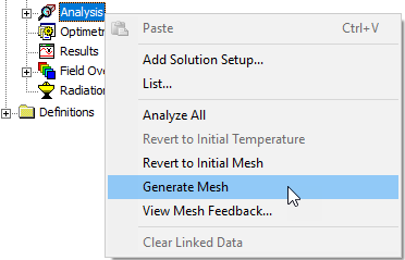 Illustration on how to access the Generate Mesh functionality from the Project Manager's Analysis entry