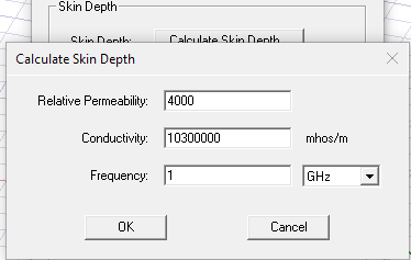 View of the Calculate Skin Depth dialog box