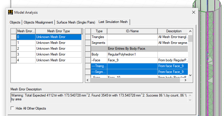 View of the Model Analysis window that shows mesh errors. The corresponding mesh is shown with the faces with the errors highlighted. It has a success rate of 86%.