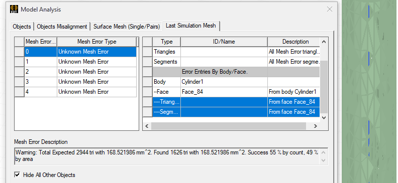 View of the Model Analysis window for a true cylinder that has a lower success rate than the faceted cylinder.It has a success rate of 55%