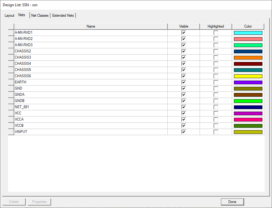 Design List dialog, Nets Tab