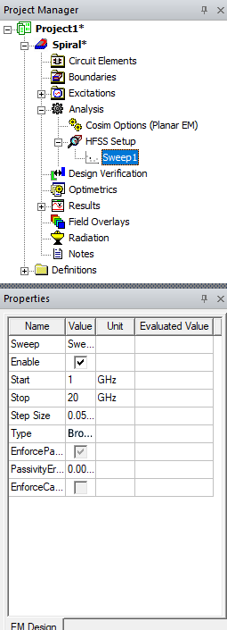 Analysis > Setup > Sweep > Properties Window