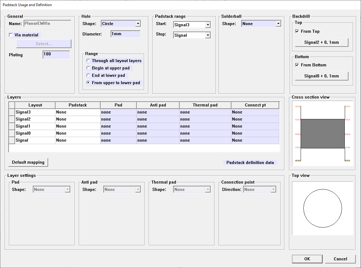 Padstack Usage and Definition Window