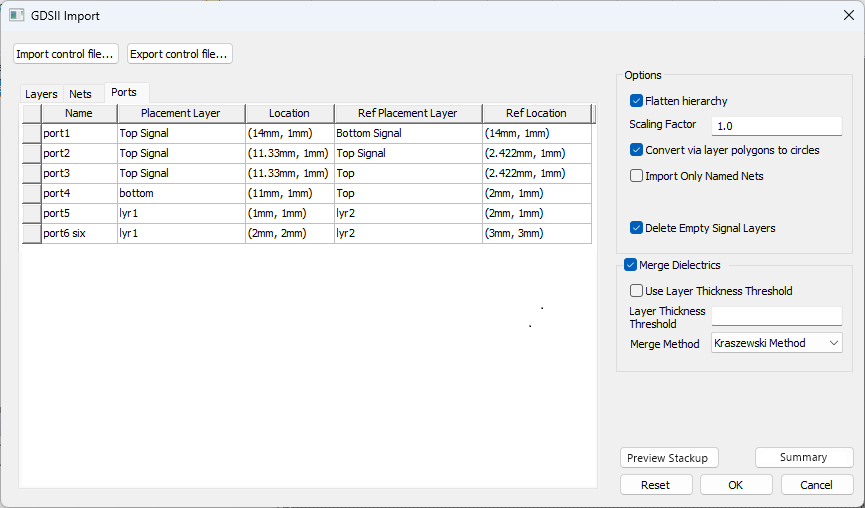 New Ports in GDSII Import Window > Ports Tab