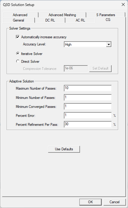 Q3D Solution Setup Window > CG Tab