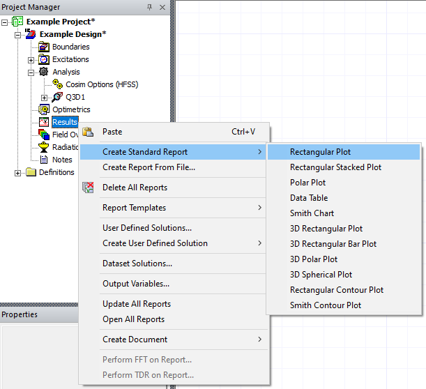 Project Manager Window > Project Tree > Active Design Folder > Results > Create Standard Report