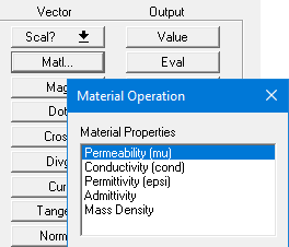 List of supported material properties includes Permeability (mu), Conductivity (cond), Permittivity (epsi), Admittivity, and Mass Density