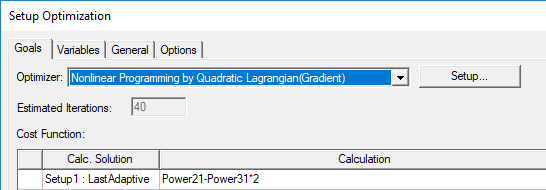 Setup Optimization window. Goals tab open, Optimizer Nonlinear Programming by Quadratic Lagrangian (gradient) selected.