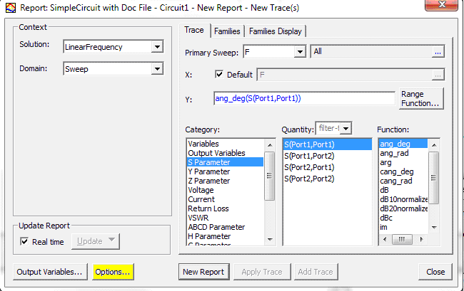 Report Window, Options button highlighted.
