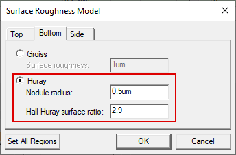 Surface Roughness Model dialog, Bottom tab.