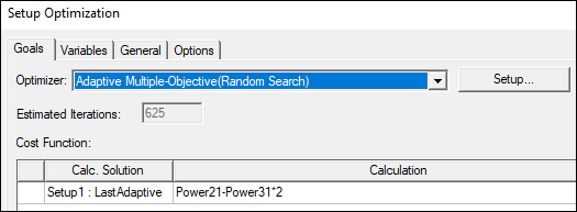 Setup Optimization window. Goals tab open, Optimizer Adaptive Mulitple-Objective (Random Search) selected.