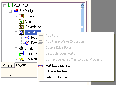 Project Managerpanel. Excitations menu