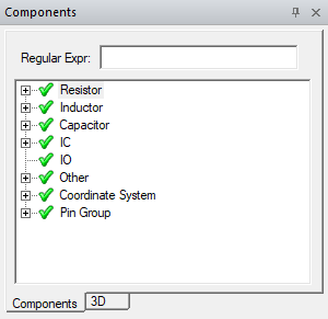 Components Window. Components tab opened. Various components listed and checked. 