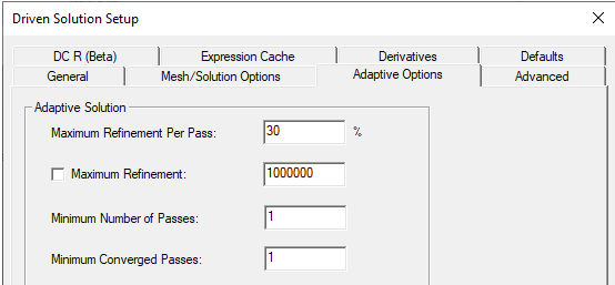 Driven Solution Setup dialog, Adaptive Options tab.