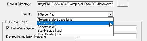 Default Directory field vlue entered. Format drop-down menu open, PSpice selected.