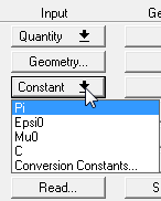 Constant button drop-down menu expanded, Pi option highlighted.