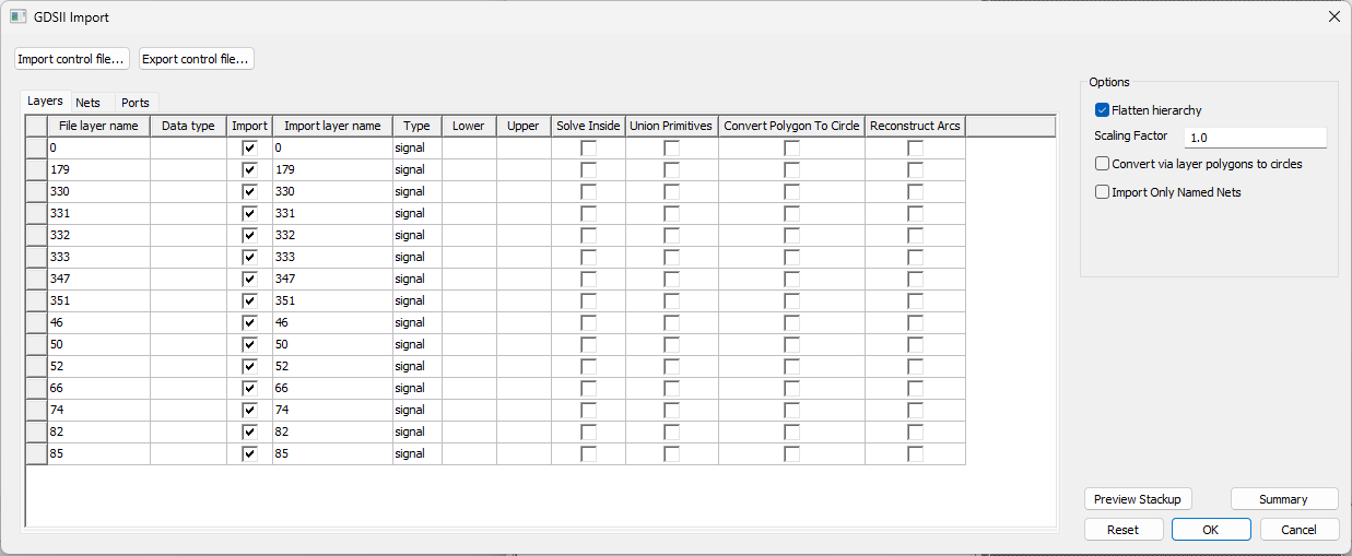 GDSII Import Window