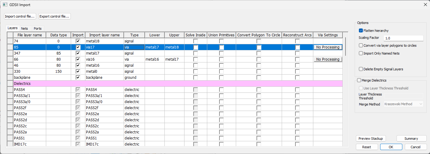 GDSII Import Window > Merge Dielectrics Area