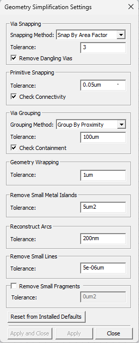 Geometry Simplification Settings Window