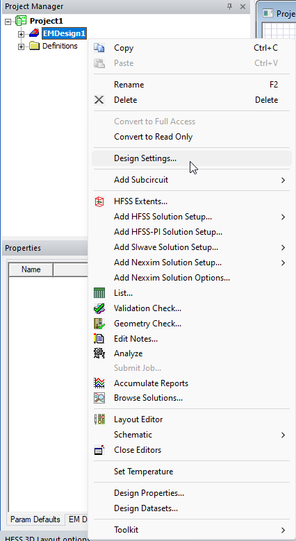 Project Manager Window > Project Tree > Active Design Folder > Design Settings