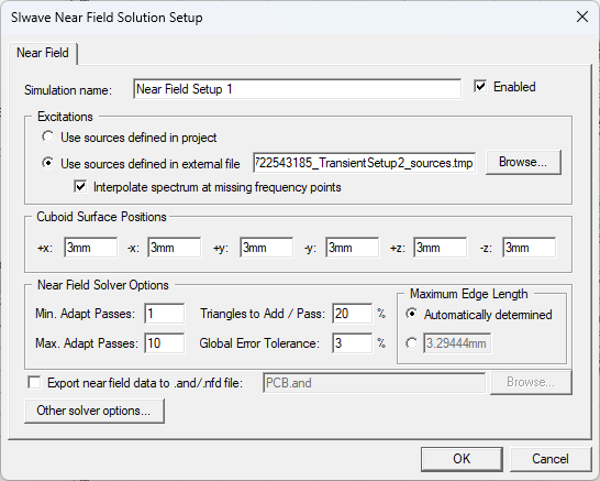 SIwave Near Field Solution Setup Window