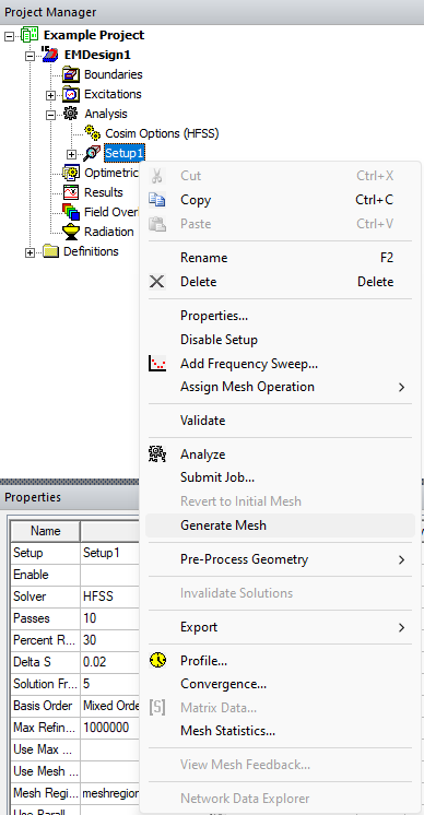 Project Manager Window > Project Tree > Active Design Folder > Analysis > Setup > Properties