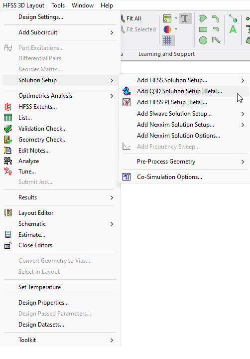 HFSS 3D Layout > Solution Setup > Add Q3D Solution Setup