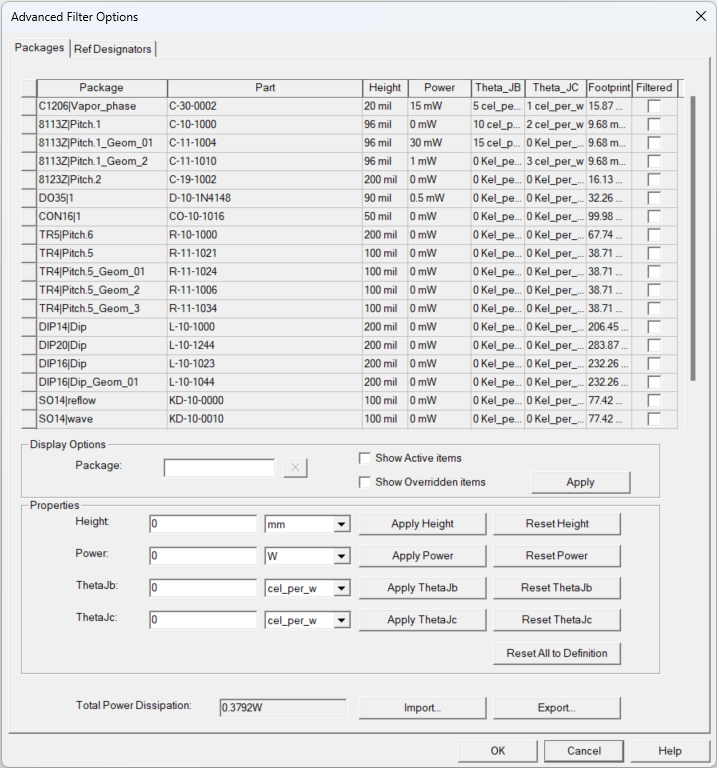 Icepak PCB setup link dialog box Parts Settings tab Advanced Device Options dialog box.