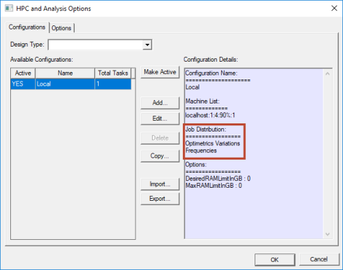 HPC and Analysis Options Window. Configurations tab open. Configuration Details, Job Distribution details highlighted.