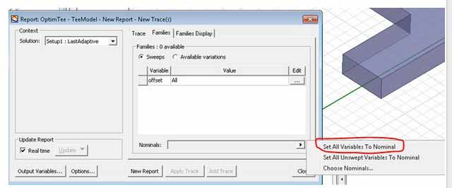 Report window, Families tab open. Nominal drop-down menu open, Set All Variables to Nominal highlighted.