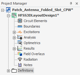 View of the Project Manager window for an HFSS 3D Layout design