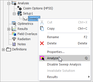 Right-click Setup menu, Analyze option highlighted.