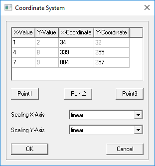 Coordinate System Window. X-Value, Y-Value, X-Coordinate, Y-Coordinate listed in tabular format.
