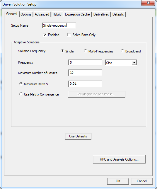 Driven Solution Setup dialog, General tab.