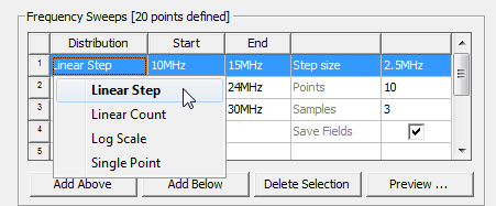 Frequency Sweeps groupbox, Distribution options listed, Linear Step selected.