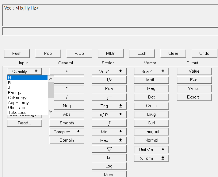 Calculator, Quantity drop down menu expanded, H option highlighted.