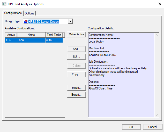 HPC and Analysis Options Window