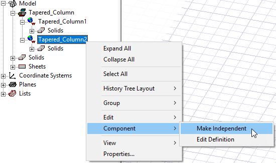 Component shortcut menu. Component option expanded, Make Independant option highlighted.