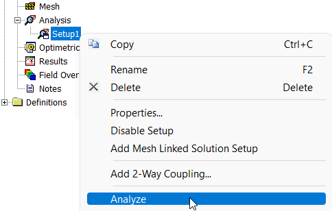 Right-click Setup menu, Analyze All option highlighted.