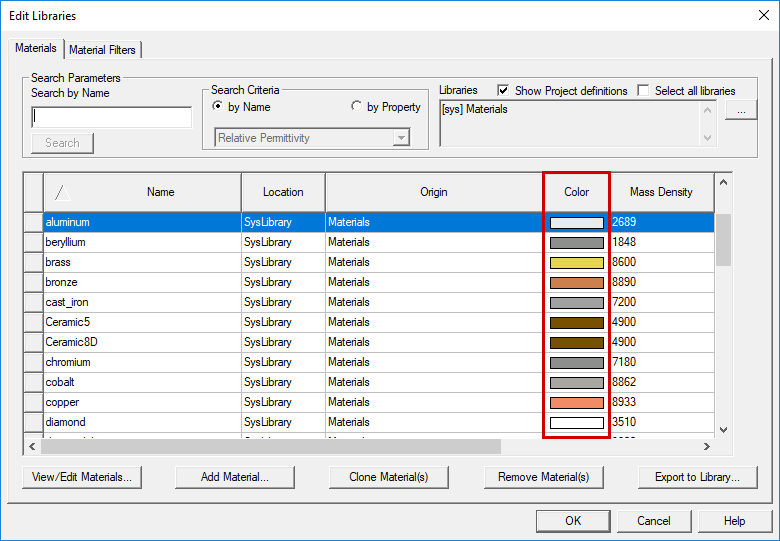 Edit Libraries Window. Materials Tab open, material color code column highlighted.