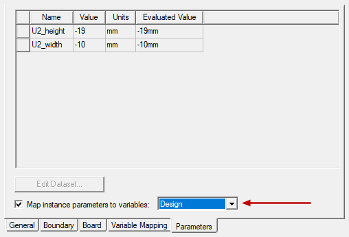 Parameters tab of the Insert Layout Component dialog box showing the two instance parameters substituted in the preceding tab for the original values