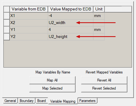 Variable Mapping tab of the Insert Layout Component dialog box showing two variables substituted for the original numerical values