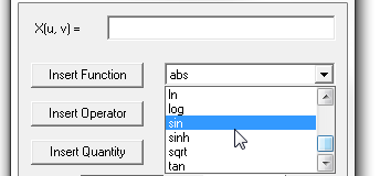 Insert function drop-down menu, sin option highlighted.